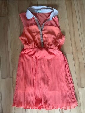 Alythea Coral Pleated Midi Dress with White Collar